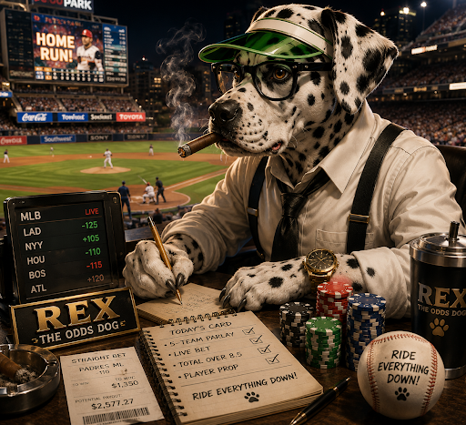 Rex the Odds Dog — LineEdge mascot at the ballpark